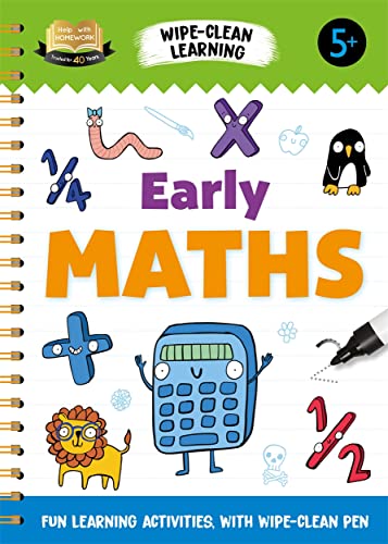Spiral-bound Early Maths wipe-clean workbook cover with cartoon characters, numbers, and math symbols.
