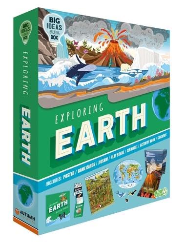 Green box for “Exploring Earth” with illustrations of landscapes and included activity items.
