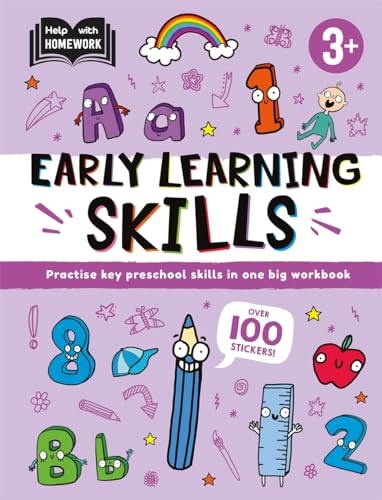 Purple workbook cover titled Early Learning Skills with cartoon letters, numbers, and objects.
