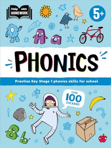 Help With Homework Phonics book cover for age 5 plus with colorful cartoon illustrations.