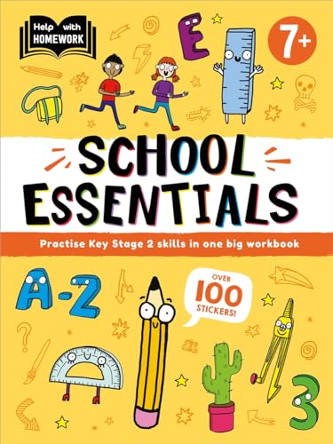 Colorful workbook cover with school supplies and children, titled "School Essentials".