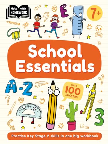 Colorful workbook cover with school supplies and children, for ages 7+.