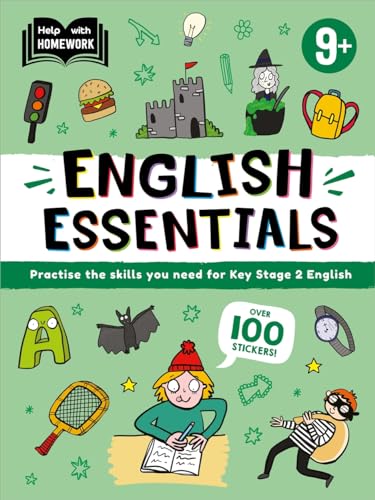 Book cover with illustrated objects and bold text: "English Essentials," age 9+.