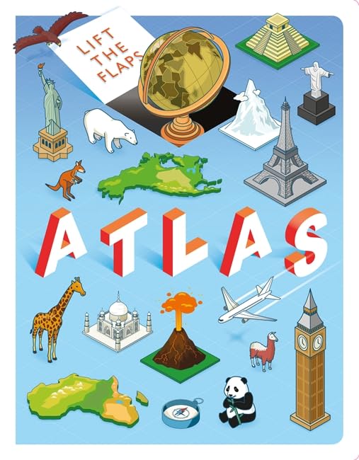Colorful illustrated atlas cover with world landmarks and animals.