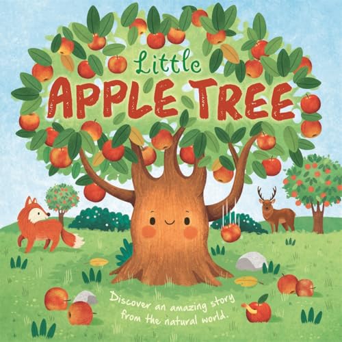 Illustration of a smiling apple tree with apples, a fox, and a deer.