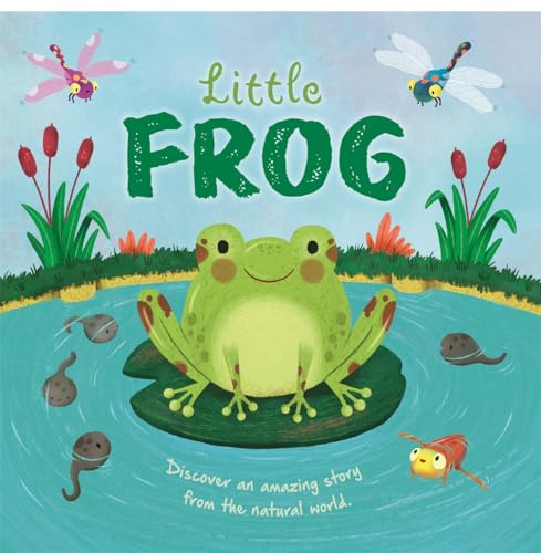 Green frog on a lily pad with dragonflies and tadpoles.