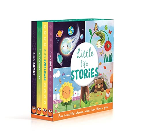 Four colorful board books stacked together, depicting nature and growth.