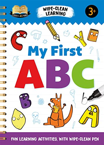 Colorful wipe-clean ABC workbook with illustrated letters and animals.