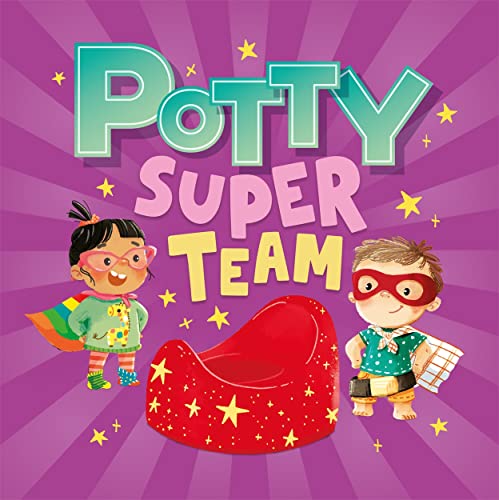 Book cover with two children in superhero costumes and a red potty.