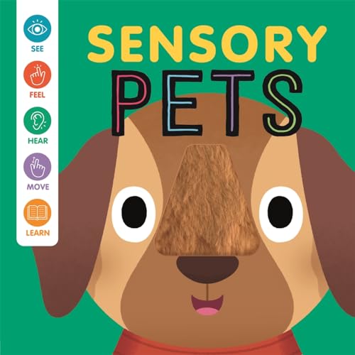 Book cover titled Sensory Pets featuring a cartoon dog with a textured fuzzy nose.