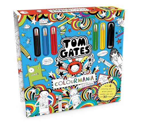 Tom Gates: Colourmania" book and art supplies on a blue box.