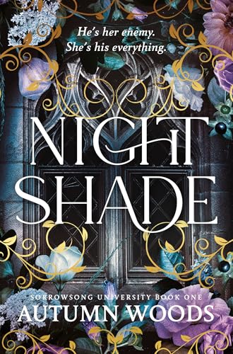 Book cover for “Nightshade” featuring ornate floral designs and a gothic window.