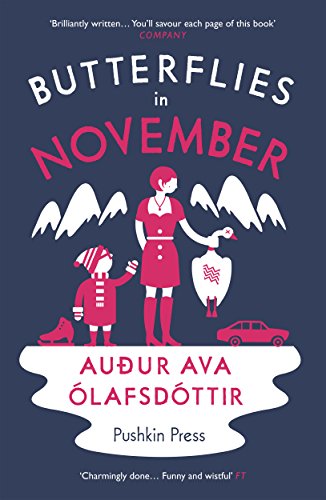 Book cover: "Butterflies in November" with figures and stylized birds in red.