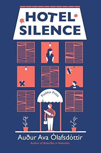 Book cover illustration of a hotel facade with people in windows on blue background.