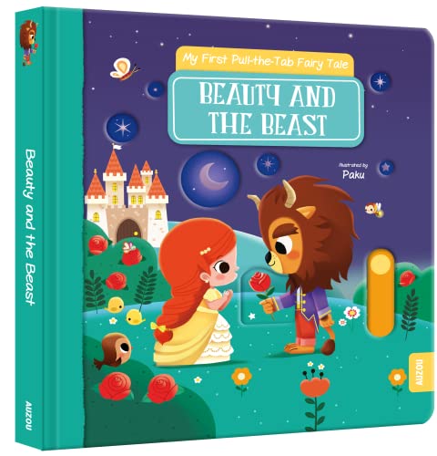 “Beauty and the Beast” pull-tab book cover with fairytale castle and characters.
