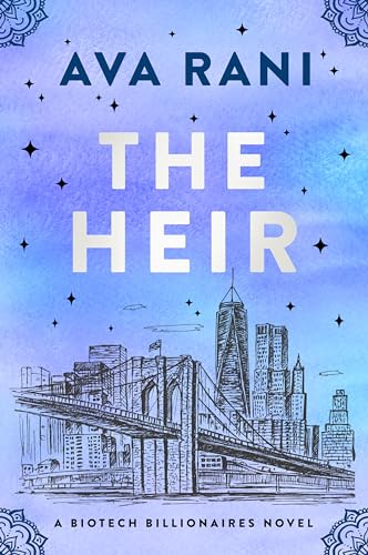 Book cover with blue watercolor, city skyline, and title "The Heir".