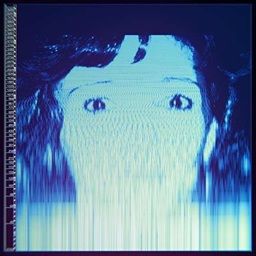 Distorted blue and white portrait of a person with dark hair.