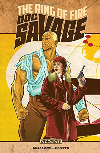 Doc Savage book cover featuring a muscular man and a woman with a gun.