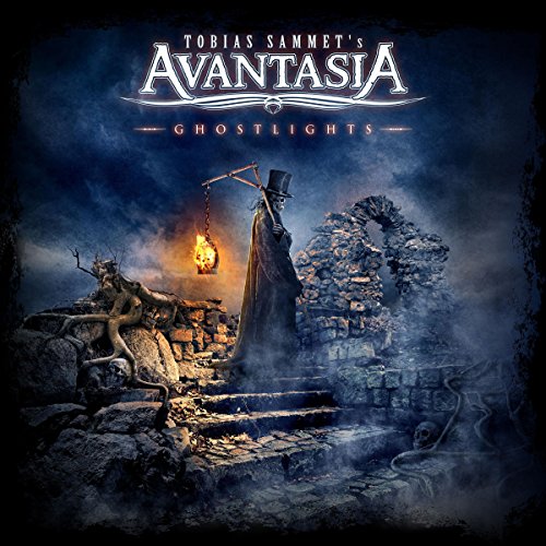 "Album cover art for 'Avantasia - Ghostlights' featuring a man in a top hat and long coat."