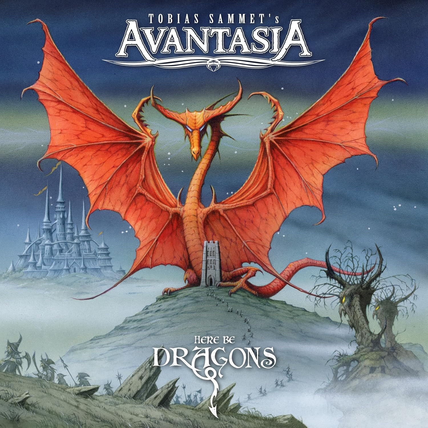 Red dragon with outstretched wings over a castle and misty landscape.