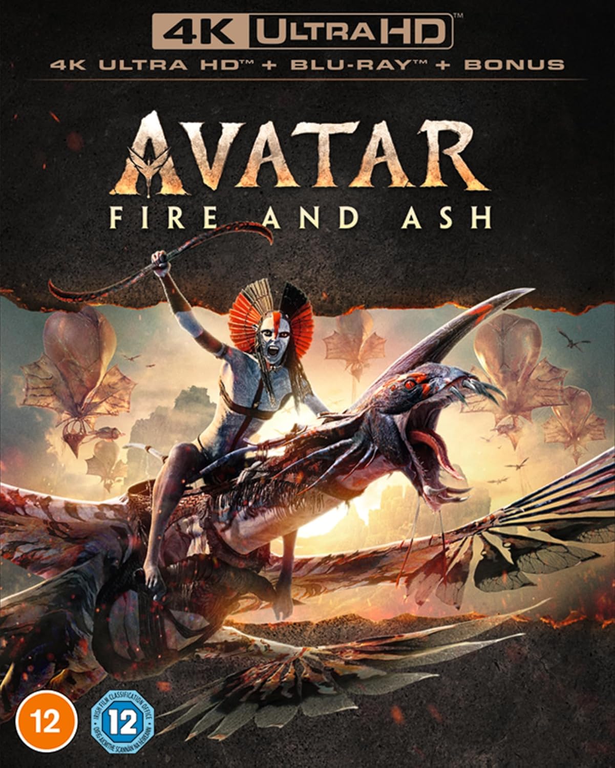 Avatar: Fire and Ash 4K Ultra HD and Blu-ray disc cover art.