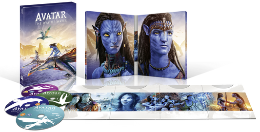Avatar: The Way of Water" Blu-ray case with Na'vi characters and discs.
