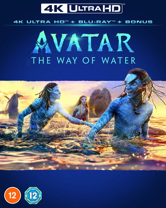 Avatar: The Way of Water Blu-ray cover with Na'vi characters swimming.