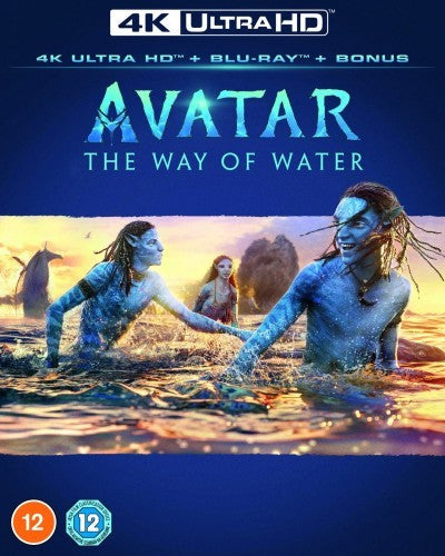 Avatar: The Way of Water 4K UHD Blu-ray cover with Na'vi characters.