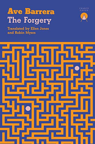 Book cover: "The Forgery" with an orange maze on a blue background.