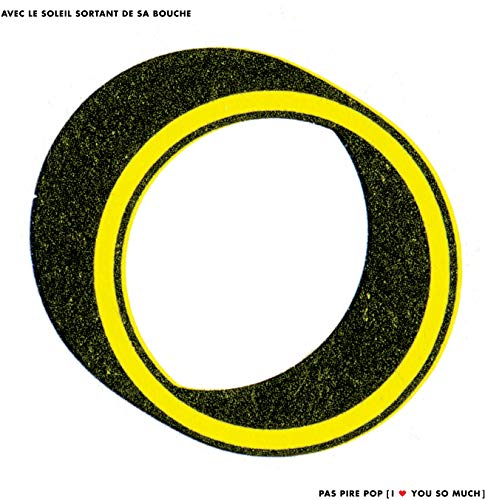 Black and yellow abstract circular design on a white album cover.