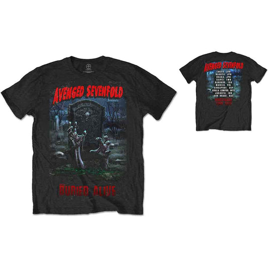 Black Avenged Sevenfold t-shirt with a graveyard graphic design.