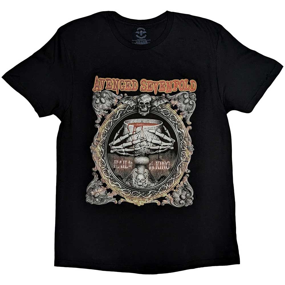 Black Avenged Sevenfold t-shirt with skull, goblet, and ornate design.