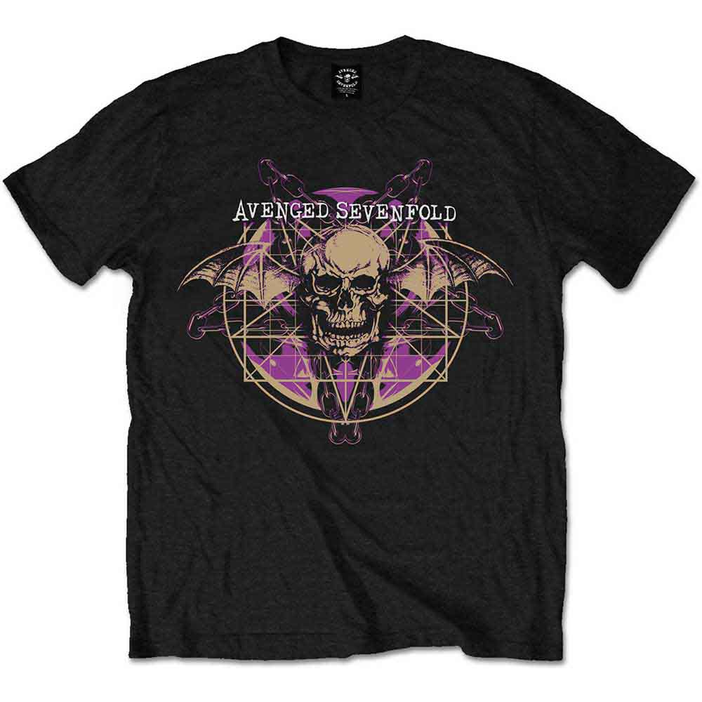 Black t-shirt with pink and white skull graphic, worn by a man.