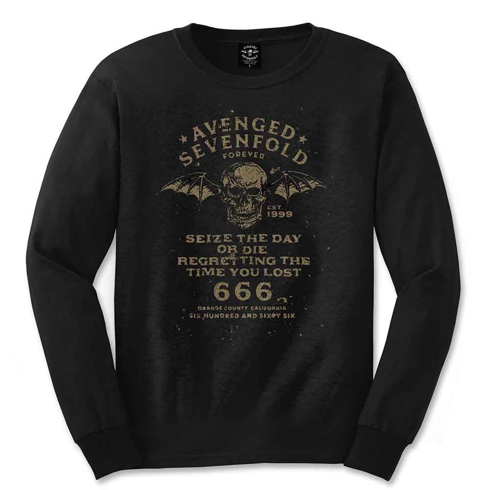 Black X-Large t-shirt featuring Avenged Sevenfold band graphics and "Seize the Day" text.