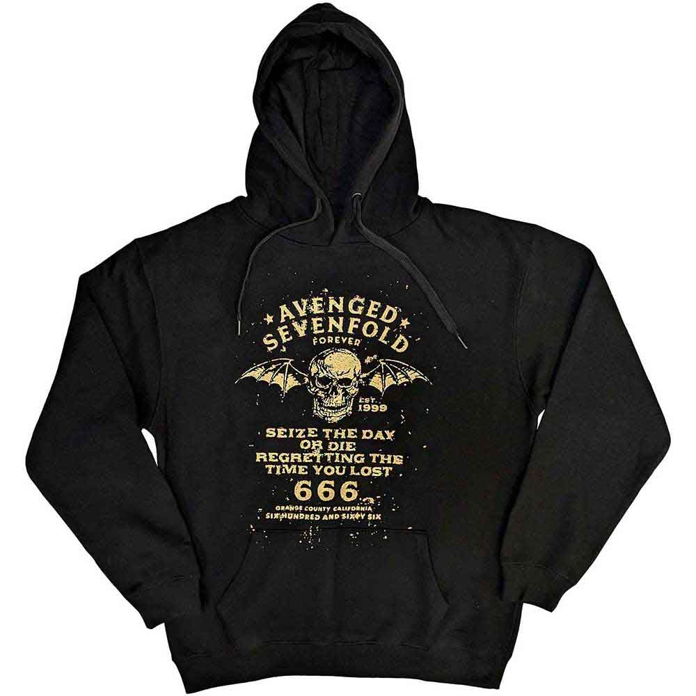 Black Avenged Sevenfold hoodie with skull and bat design, worn by a model.