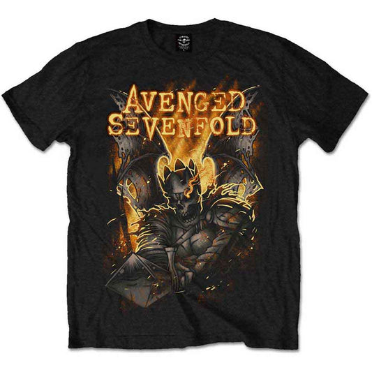 Black t-shirt with Avenged Sevenfold band logo and warrior graphic.