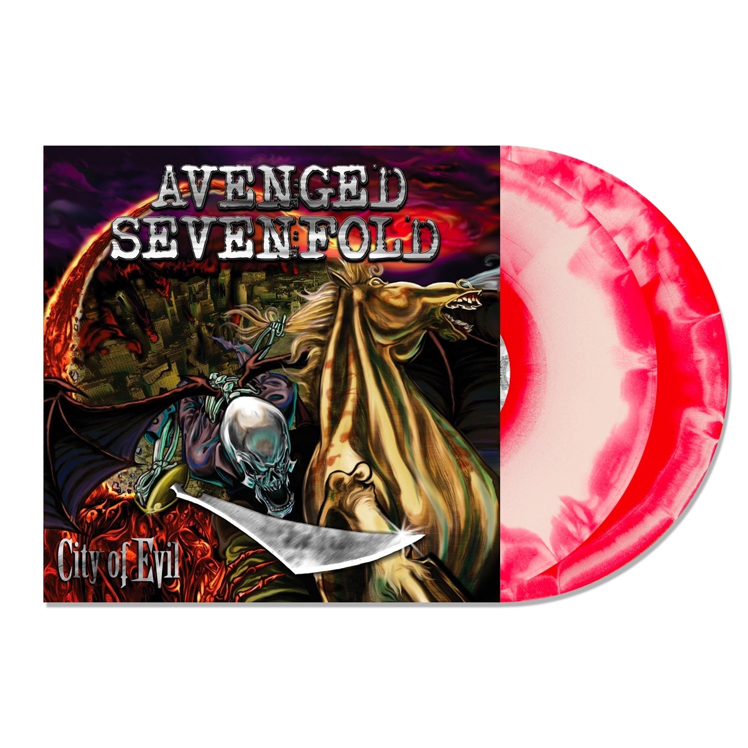 Avenged Sevenfold City of Evil vinyl record with red and white marbled discs.