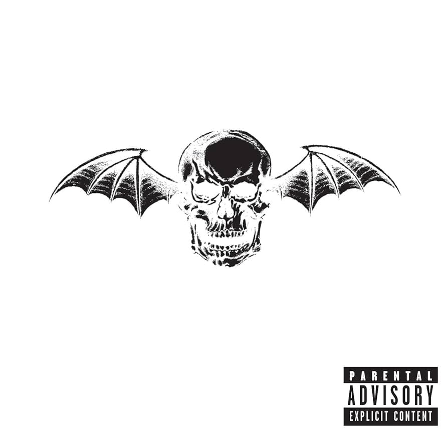 Avenged Sevenfold album cover: black skull with bat wings, parental advisory.