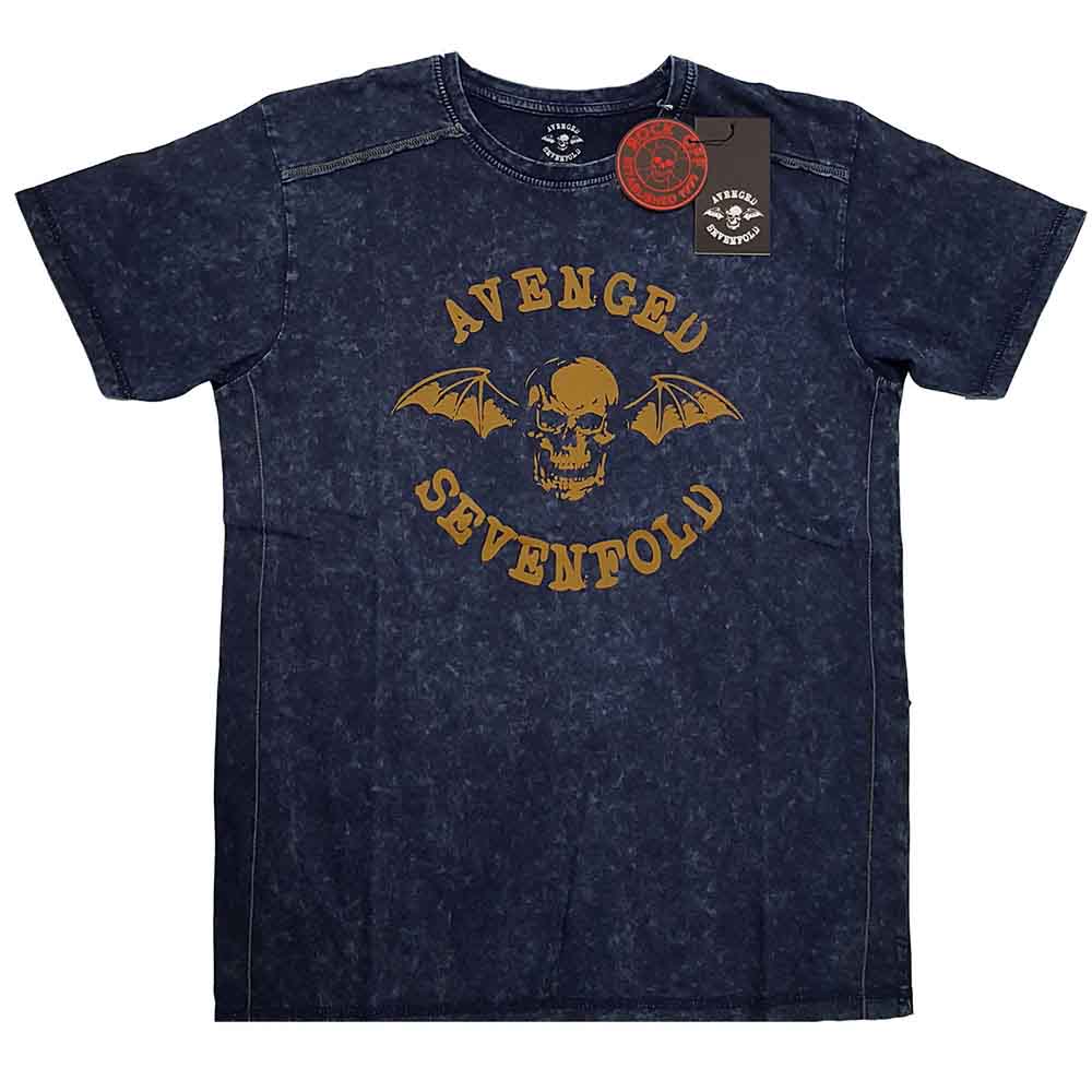 Navy blue Avenged Sevenfold t-shirt with skull and wings logo.
