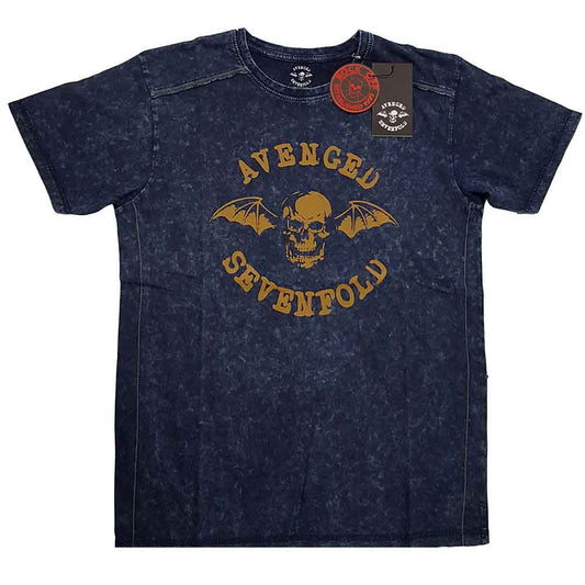 Navy blue Avenged Sevenfold t-shirt with skull and wings logo.
