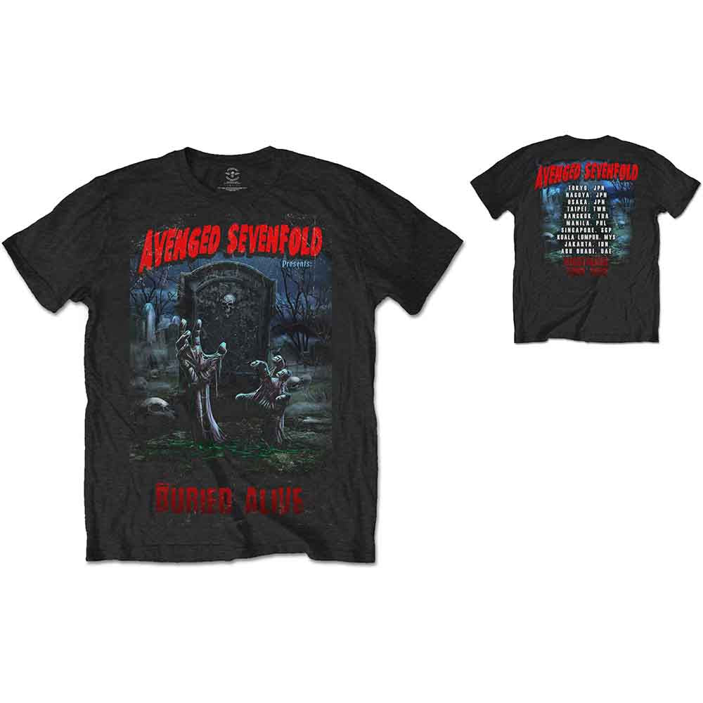 Black Avenged Sevenfold t-shirt with a graveyard graphic design.