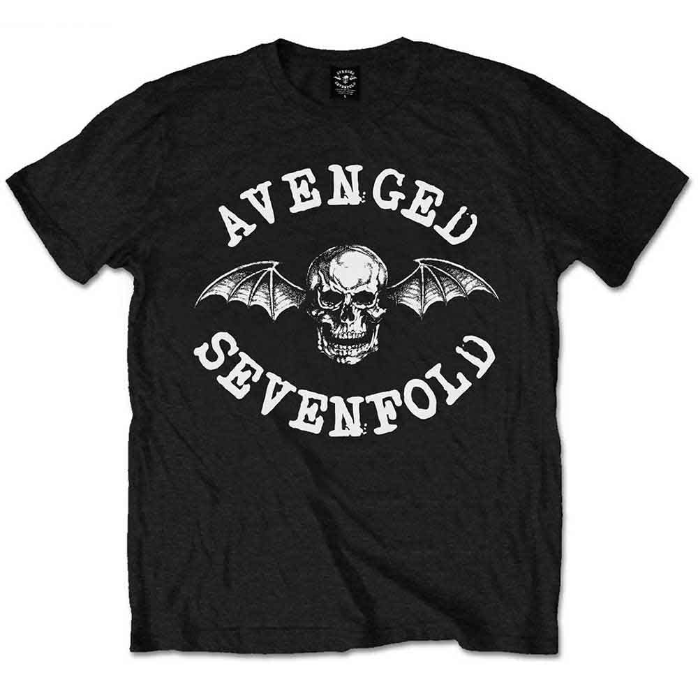 Black Avenged Sevenfold t-shirt with a white Deathbat logo, size 13-14 years.