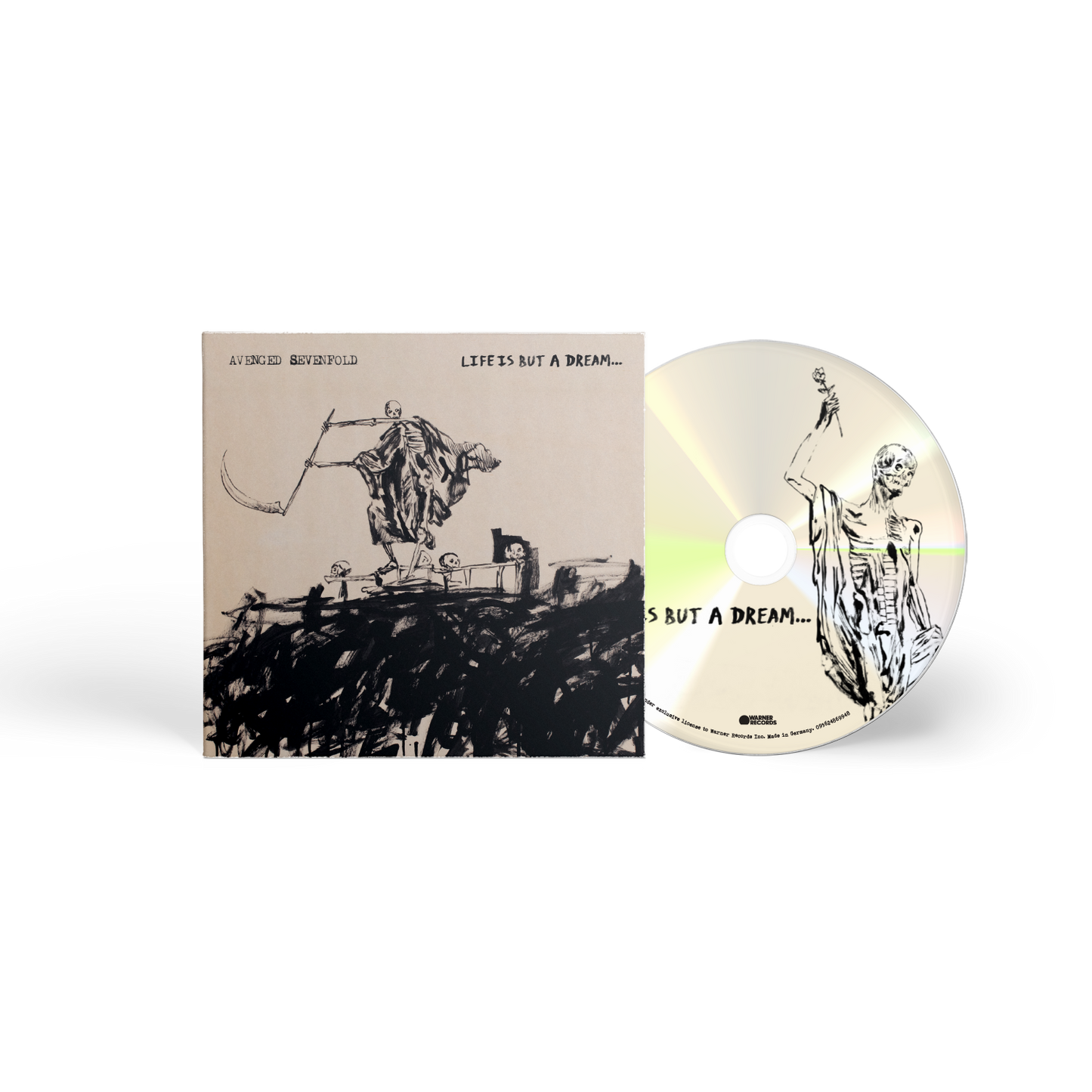 "CD case and disc with skeleton artwork, titled 'Avenged Sevenfold - Life Is But A Dream'."