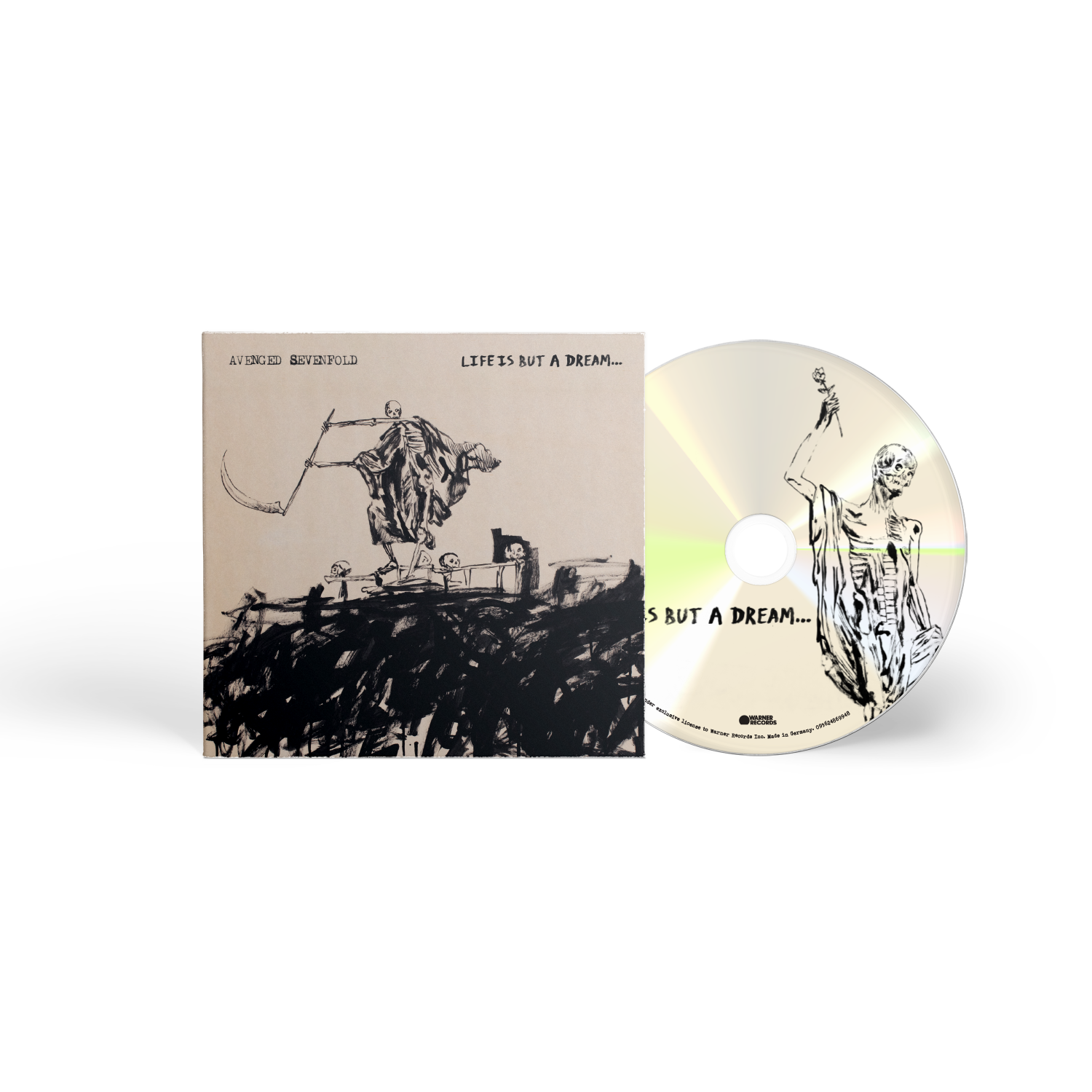 "CD case and disc with skeleton artwork, titled 'Avenged Sevenfold - Life Is But A Dream'."