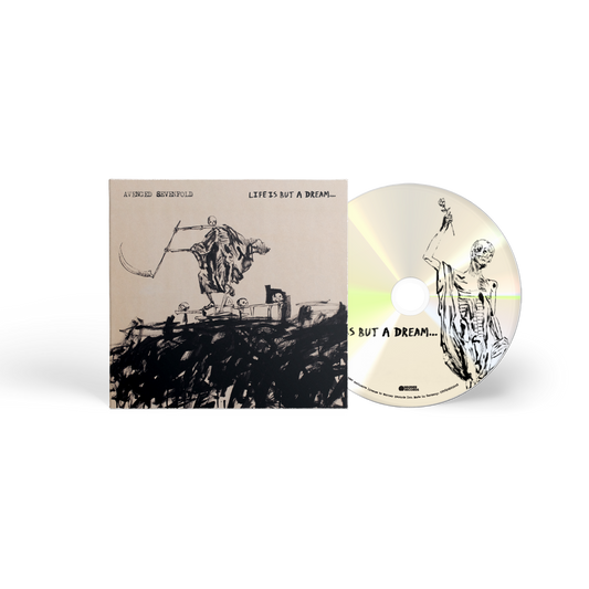 "CD case and disc with skeleton artwork, titled 'Avenged Sevenfold - Life Is But A Dream'."
