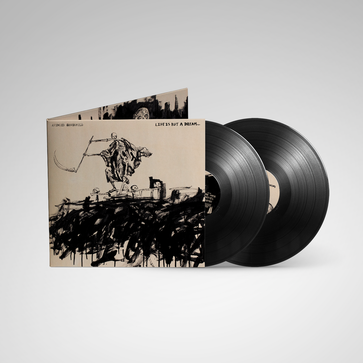 Avenged Sevenfold vinyl record with sketched cover art and two black discs.