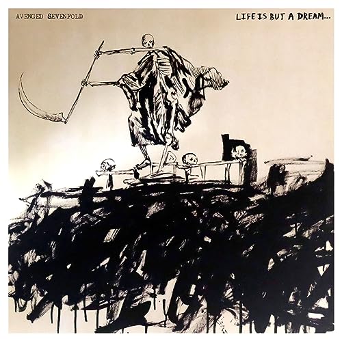 Ink drawing of a skeleton holding a scythe on a boat with dark brushstrokes.