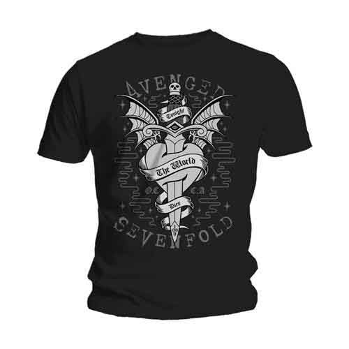 Black Avenged Sevenfold t-shirt with a heart and sword graphic.