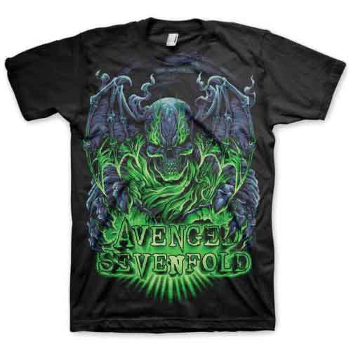 Black Avenged Sevenfold t-shirt with a green and purple skull graphic.