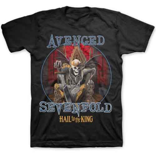 Man wearing a black Avenged Sevenfold t-shirt featuring a skeleton king on a throne.